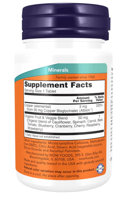 NOW Foods Copper Glycinate 3 mg Veg Capsules - Image 2