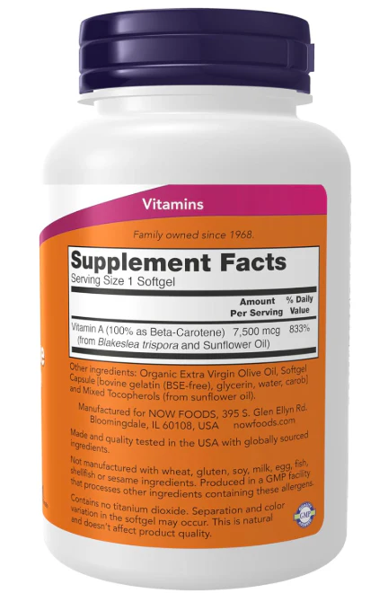 NOW Foods Natural Beta Carotene 25,000 IU Softgels - Image 4